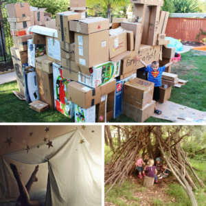 Forts can be made from a wide range of materials: sheets, cardboard boxes, branches, and even pre-fabricated kits