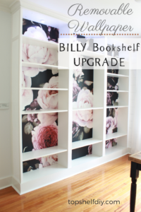 Upgrade your Billy Bookshelves following this step-by-step process. Lots of tips and photos to help you along! #billybookshelves #billyhack #stickandpeelwallpaper