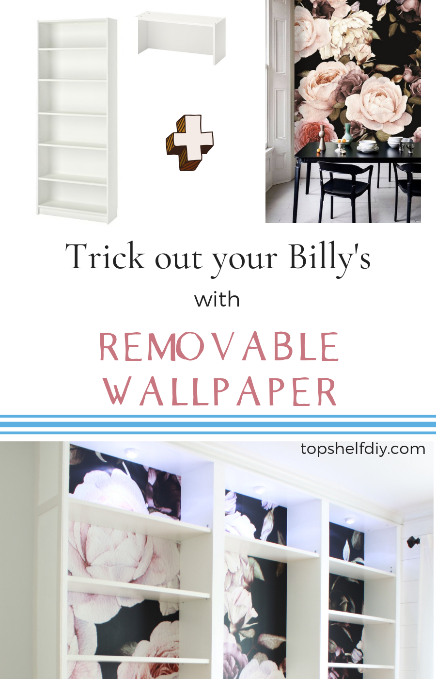 Learn how to add removable wallpaper to your Billy Bookshelves for a custom look! Full tutorial plus free downloadable checklist for your future project. #ikeabuiltin #billybookshelf #wallpaper