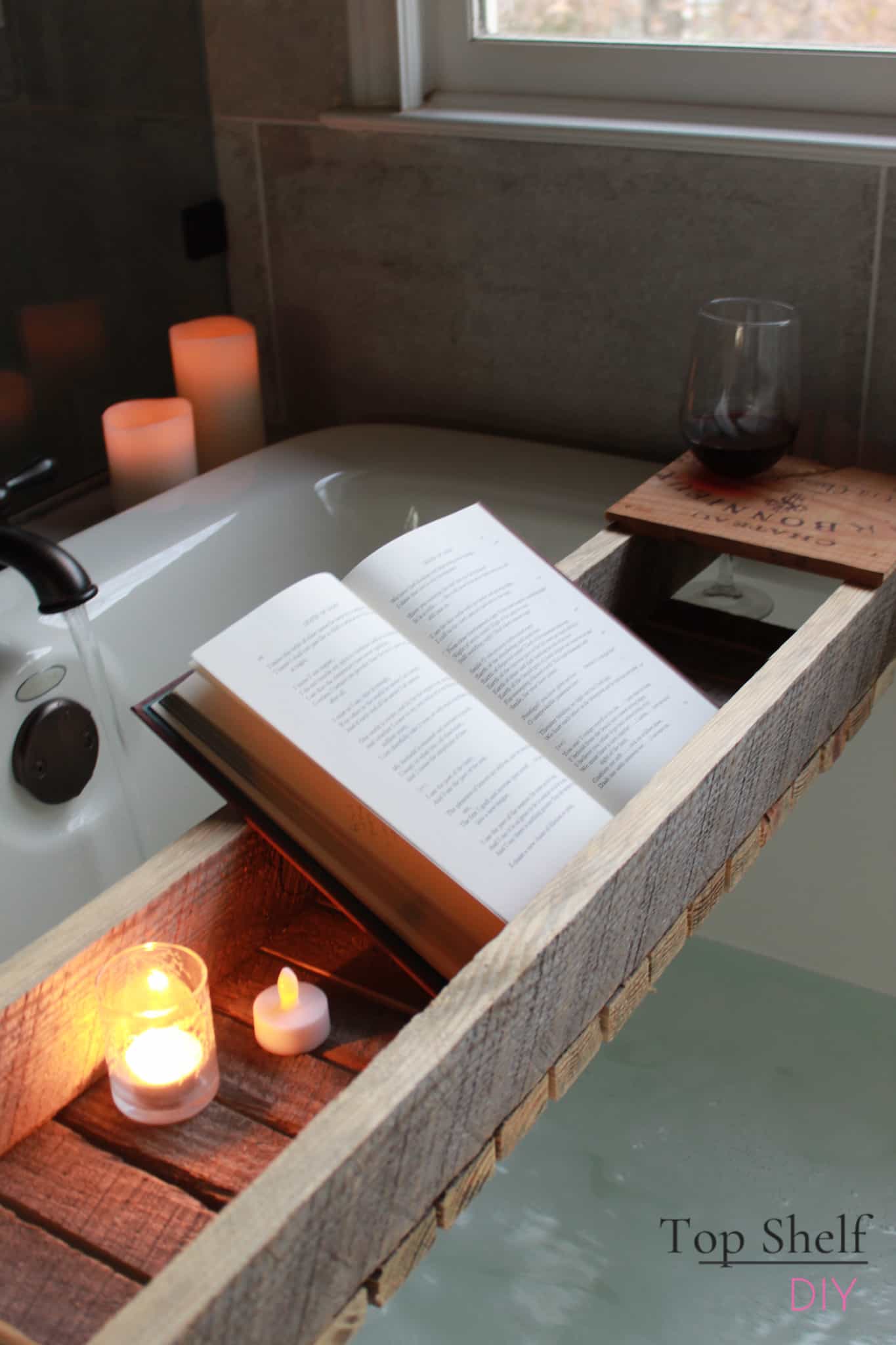 Kick your nighttime relaxation up a notch with this DIY bathtub shelf made from reclaimed lumber. Holds your wine and a good book!