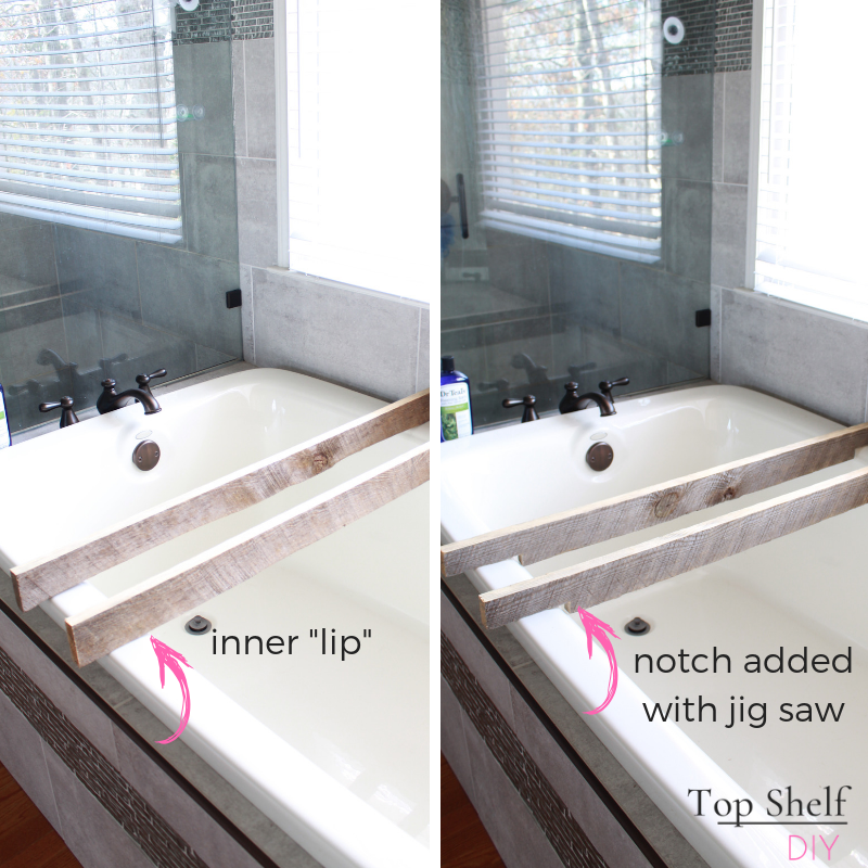how to make an easy DIY bath shelf for your next bubbly bath! Just add wine. #bathdecor #bathtime