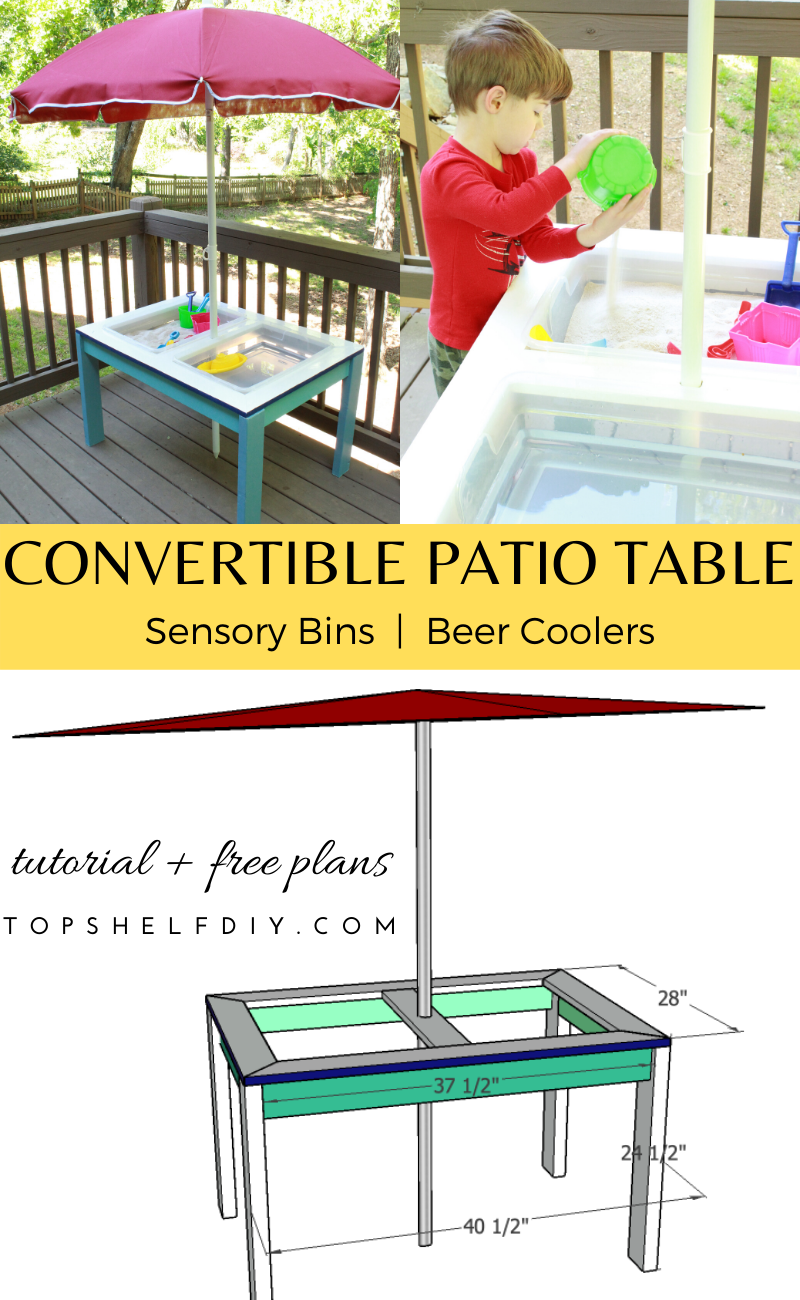 Keep your kids busy this summer with this convertible water and sand table! Great for sensory bins. Get your free plans here! #sensorybins #quarantinehacks #waterandsandtable #projectmaniamommies 