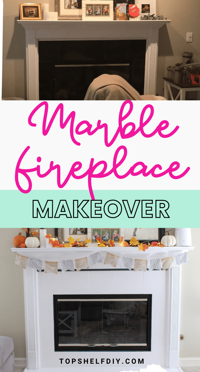 Low budget, big impact. Upgrade your 90s marble fireplace with a little paint to get the most bang for your buck! Get your mantel holiday-ready following this simple decorating tutorial.  #Marblefireplace
#Fireplace makeover #Fireplace design #Modern fireplace #Seasonalmanteldécor