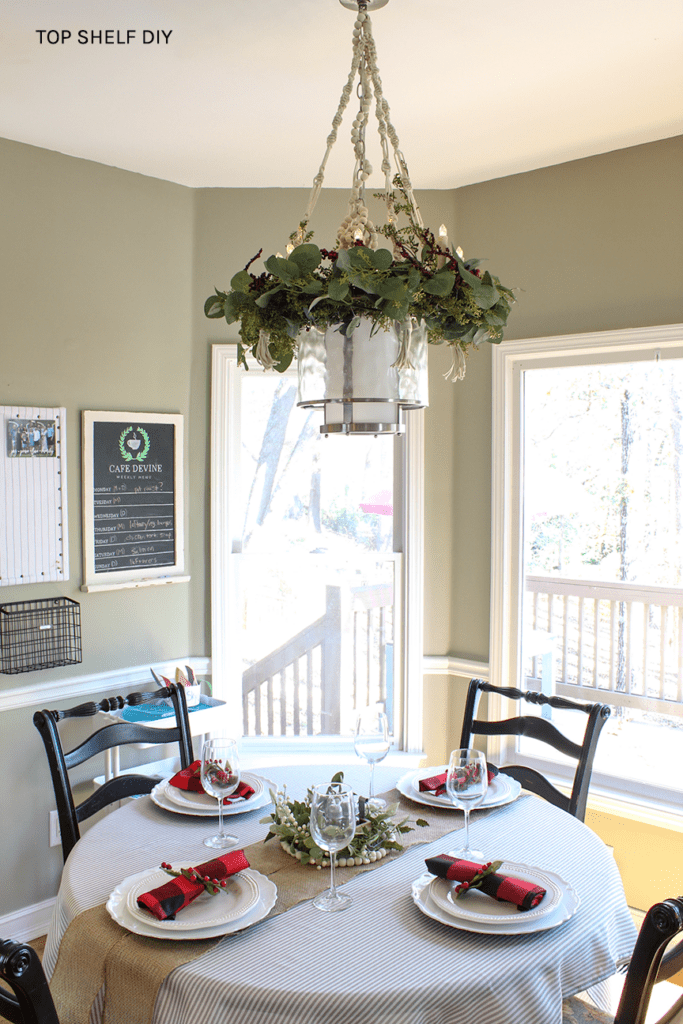 Christmas Craft Material Challenge Week 2: Macrame. Learn how to make this DIY Macrame Chandelier using very simple knots to transform your existing light fixtures. #holidaylighting #macramediy #macramechandelier