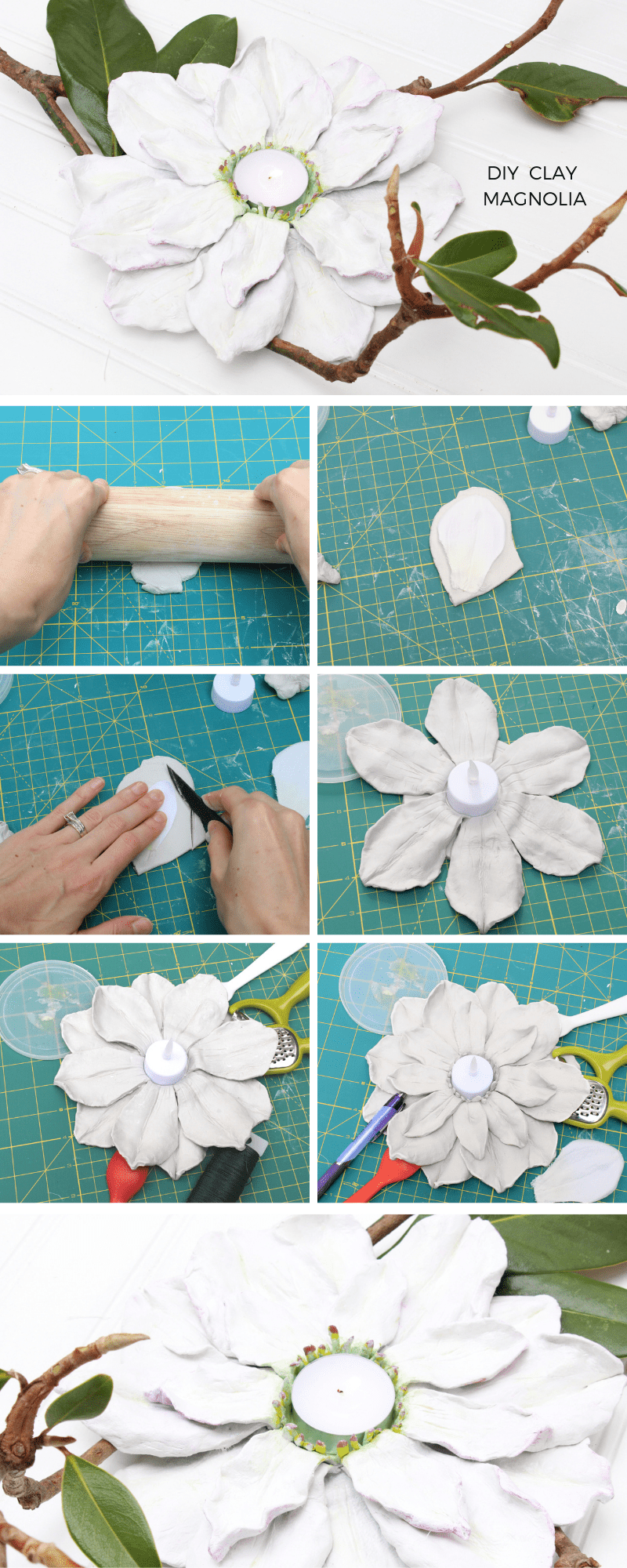 Three ways to incorporate polymer and air dry clay into your holiday home decor, including a magnolia votive holder tutorial. DIY Baby handprint ornament and kid's name ornament. #DIYChristmasDecorations #Christmasmantel #christmasdecor #magnoliaflowerdecor #magnoliacenterpiece #magnoliaflowerdecorideas