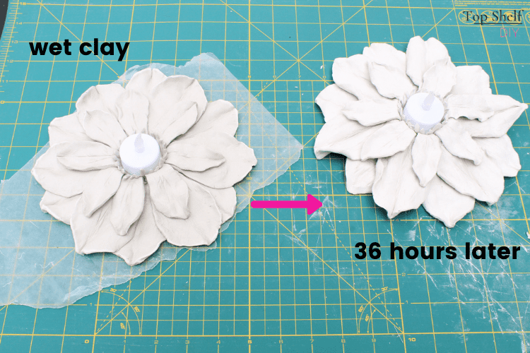 Clay magnolia candleholder made from air dry clay. Works well as mantel décor or as a holiday centerpiece. Super easy to make and also beautiful. Download your free petal template here! #DIYChristmasDecorations #Christmasmantel #christmasdecor #magnoliaflowerdecor #magnoliacenterpiece #magnoliaflowerdecorideas