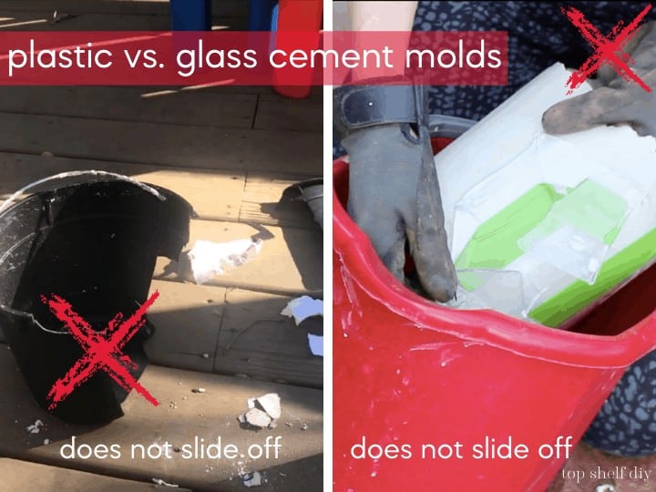 Testing different molds for making cement projects. Plastic and glass did not pry away from the cement even after pre-treating with vegetable spray and letting dry overnight. 