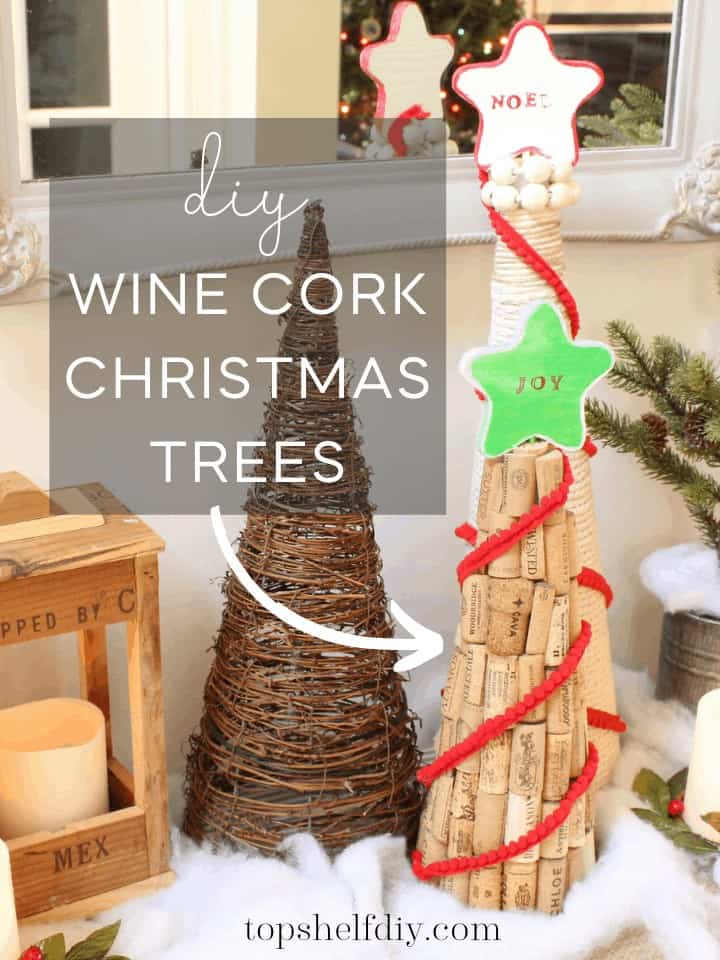 Put your wine cork stash to work this holiday season making wine cork Christmas trees and wine cork garlands. Create a rustic snowy woods table spread using cone trees made from natural elements. #conetrees #diyconetrees #winecorks #winecorkprojects 