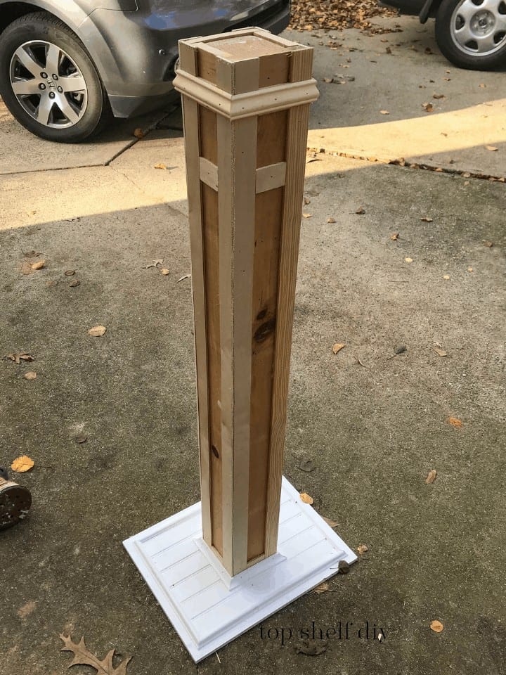 Make this easy DIY lamp post for your front porch this season. Take an Ikea lantern hack and add a 4x4 post for the assembly. #ikeahack #scrapwood #beadboard