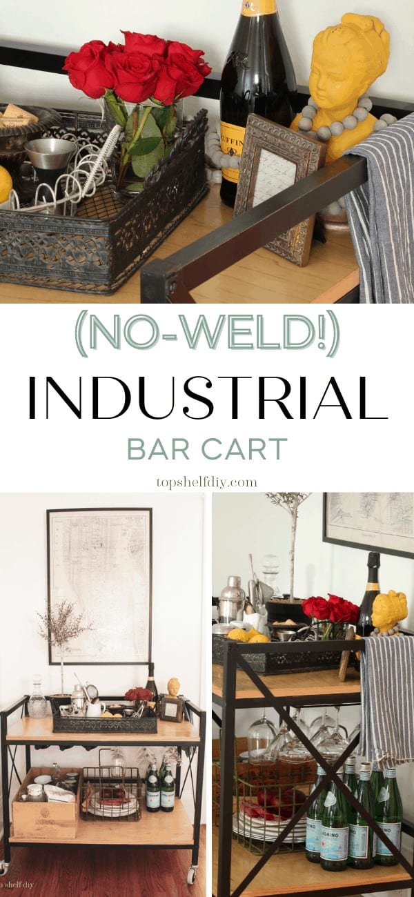 Make an industrial bar cart from wood and aluminum without any welding or brazing! Get the tutorial and free plans here. #barcart #barcarthacks #barcartstyling #diybarcart