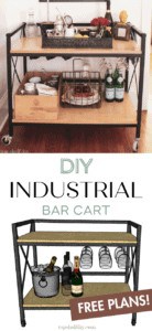Learn how to make an industrial bar cart from mixed materials without any welding! Get the tutorial and free plans here. #barcart #barcarthacks #barcartstyling #diybarcart