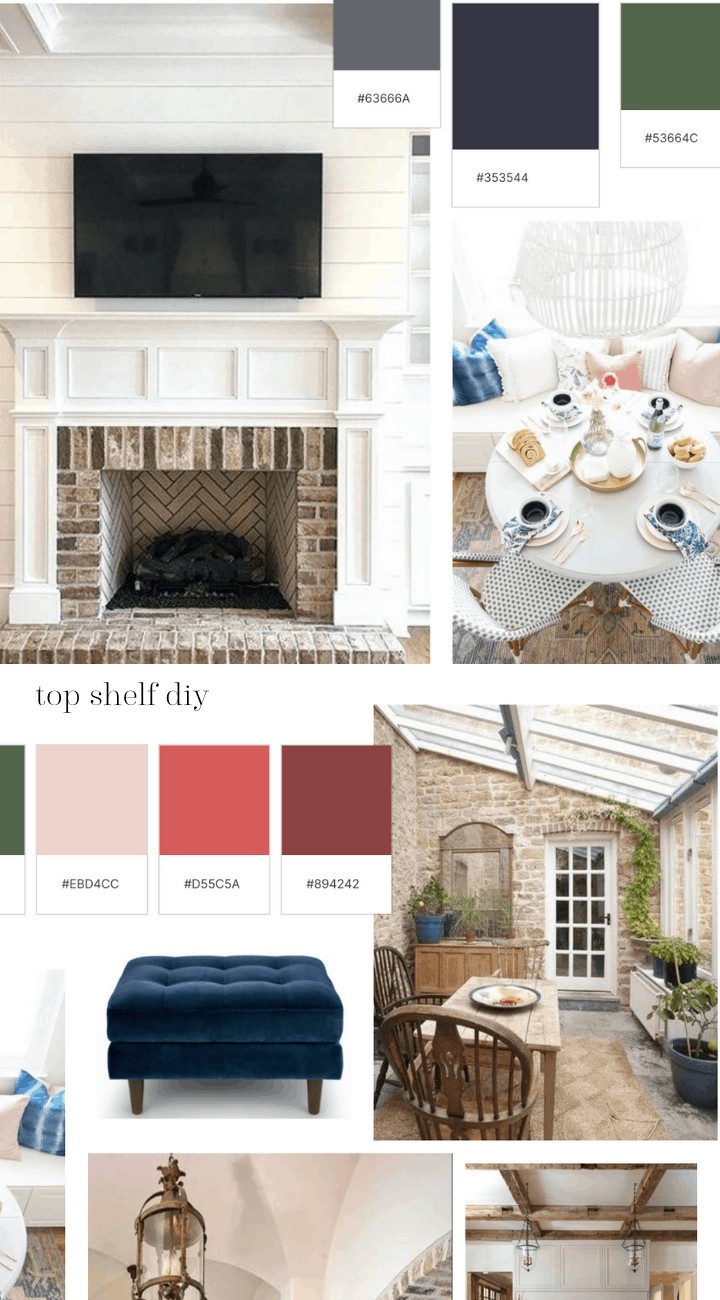 Mood board for $5k Living Room Renovation as part of The Home Depot's Orange Tank Competition. Modern Farmhouse with an English Cottage Vibe. 