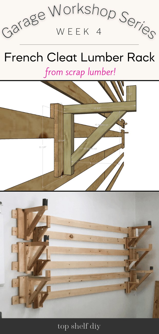 How to store all your lumber without spending a fortune! Build your own mounted lumber rack for $50 using 1x4 pine and brackets made from pocket hole joinery and scrap lumber! #frenchcleat #lumberrack