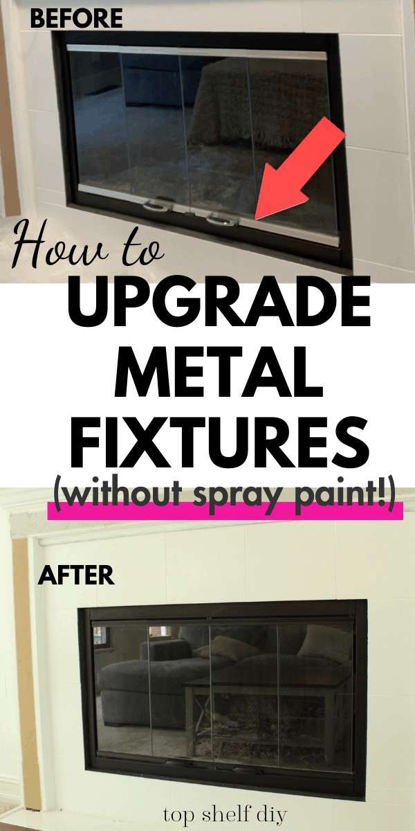 Living room fireplace after upgrading the finish with Rustoleum's high heat enamel paint. A simple hack for upgrading metal fixtures without using spray paint indoors! #chrome #brass #howtopaintmetal