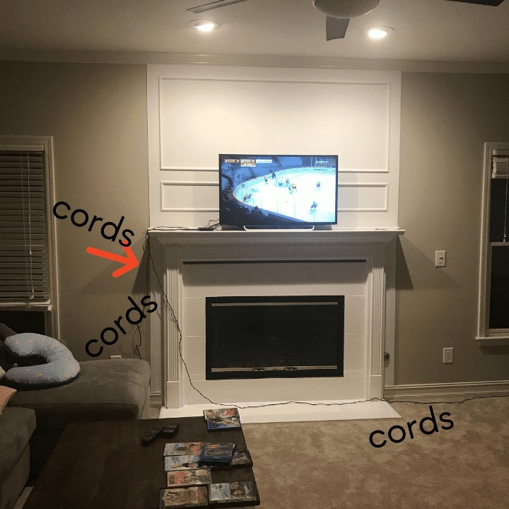 Modern Farmhouse Living Room Remodel, complete with new LVP flooring, a coffered ceiling, and a cement finish mantel built from scratch. Living room renovation sponsored by The Home Depot Orange Tank competition.