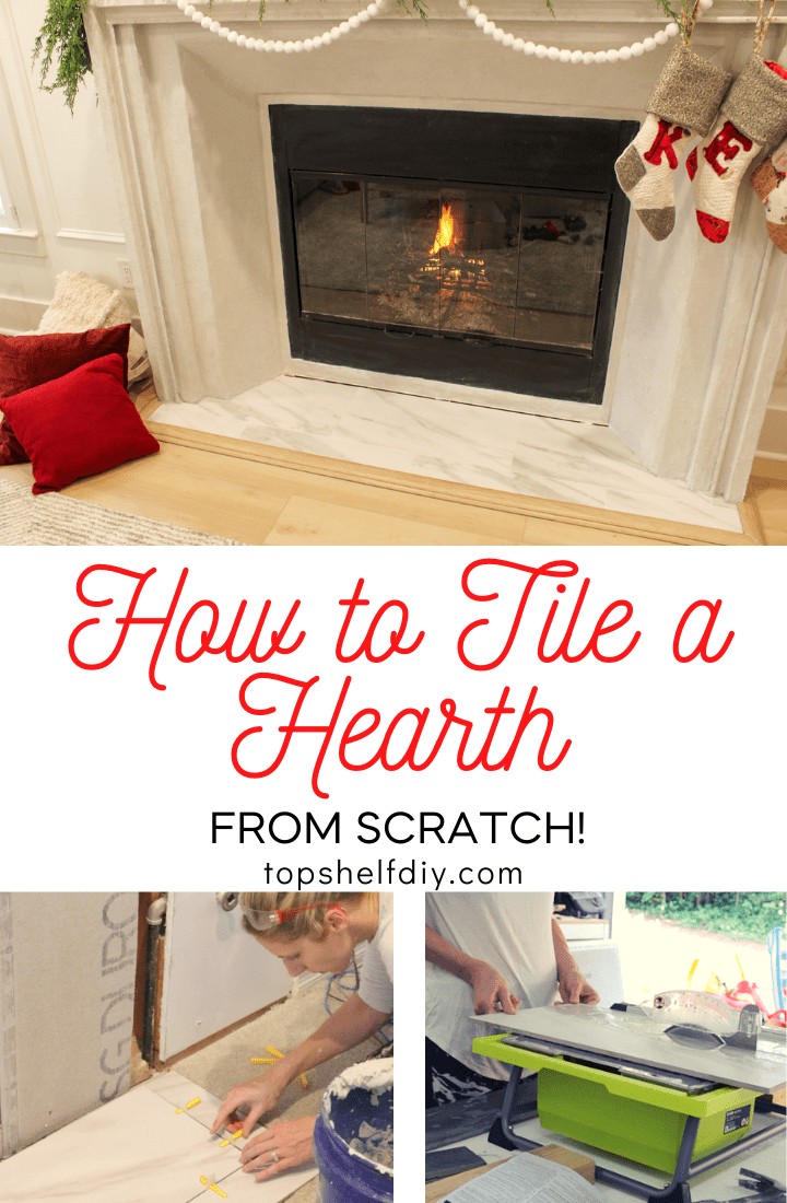 Holiday hearth inspiration! Our faux cast stone fireplace made from metal studs, cement boards (Durock) and a cement feather finish mixed with white cement pigment. Living room renovation sponsored by Home Depot. #livingroomdesign #diyfireplace
