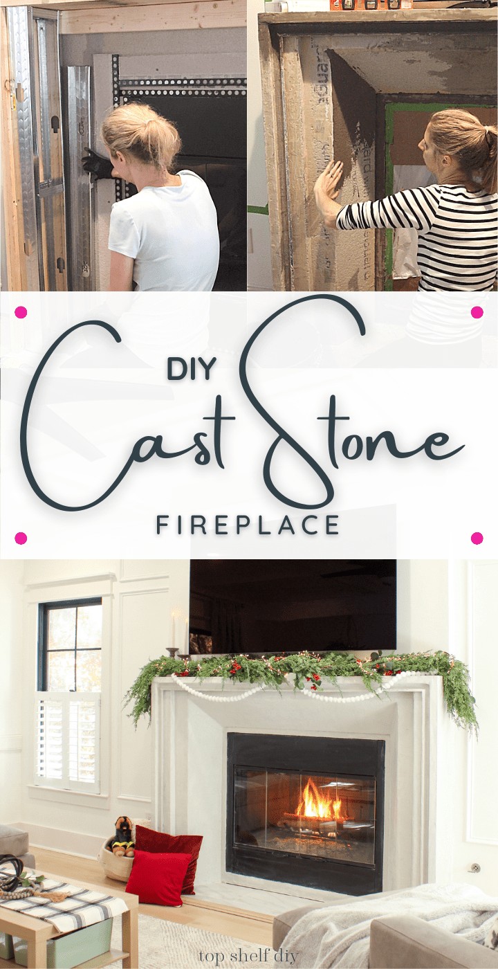 How to replicate the look of an expensive cast limestone fireplace using basic metal studs, cement boards, and cement feather finish. #diyfireplace #fireplacemakeover #limestone #livingroomdesign